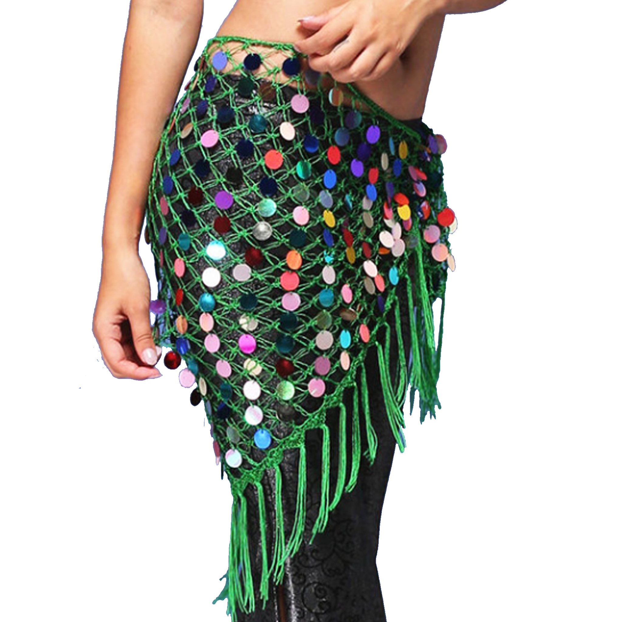 Belly Dance Hip Scarf Crochet and Sequins green