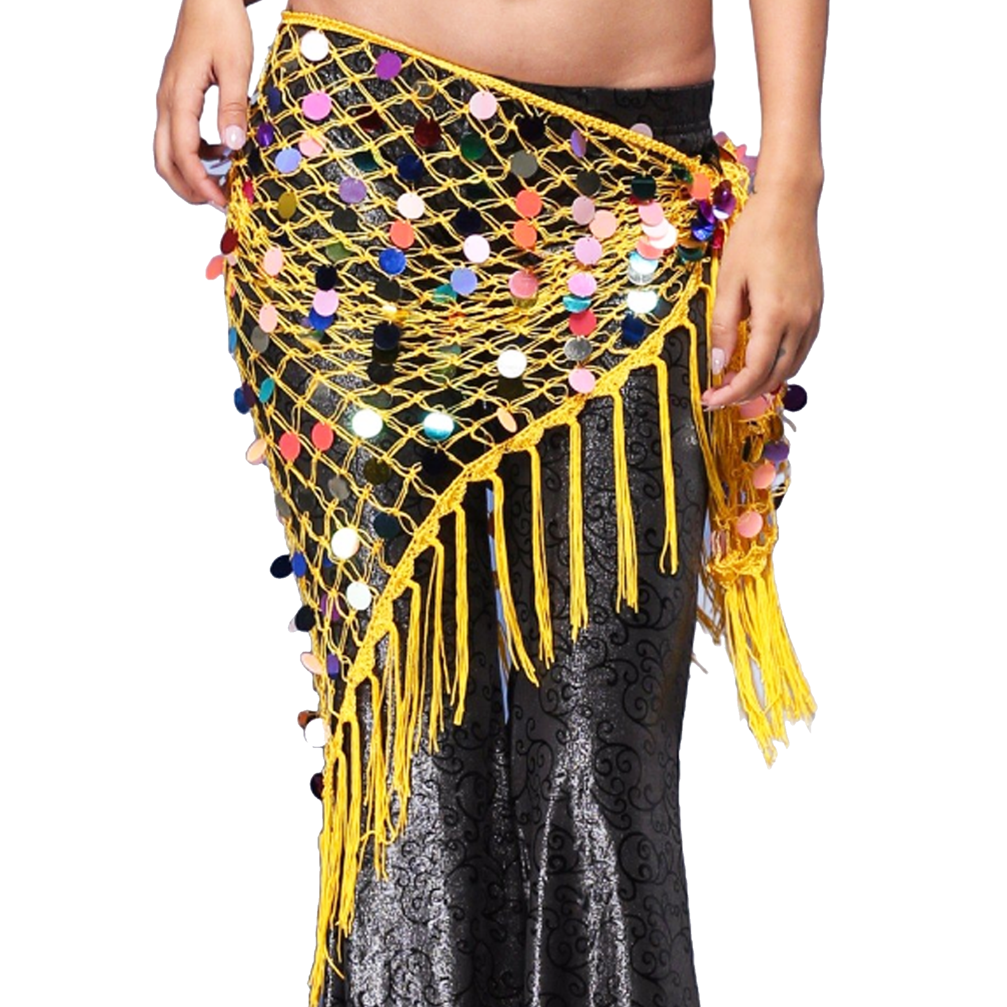Belly Dance Hip Scarf Crochet and Sequins yellow